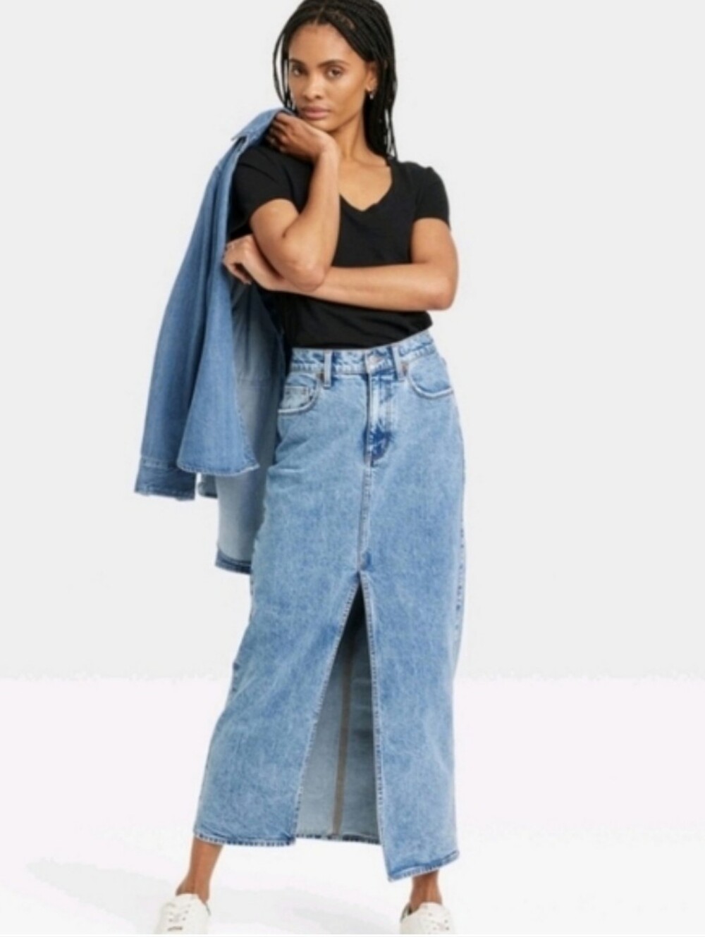 NWT Universal Thread High Rise Denim Maxi Skirt Front Slit Size 14 Medium Wash